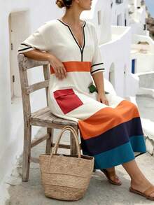 Linhara CURVE Women's Plus Size Multi-Color Contrast Patchwork Print Faux Linen V-Neck Short Sleeve Pocketed Loose Casual Business Versatile Beach Vacation Dress - Multicolor - View 6