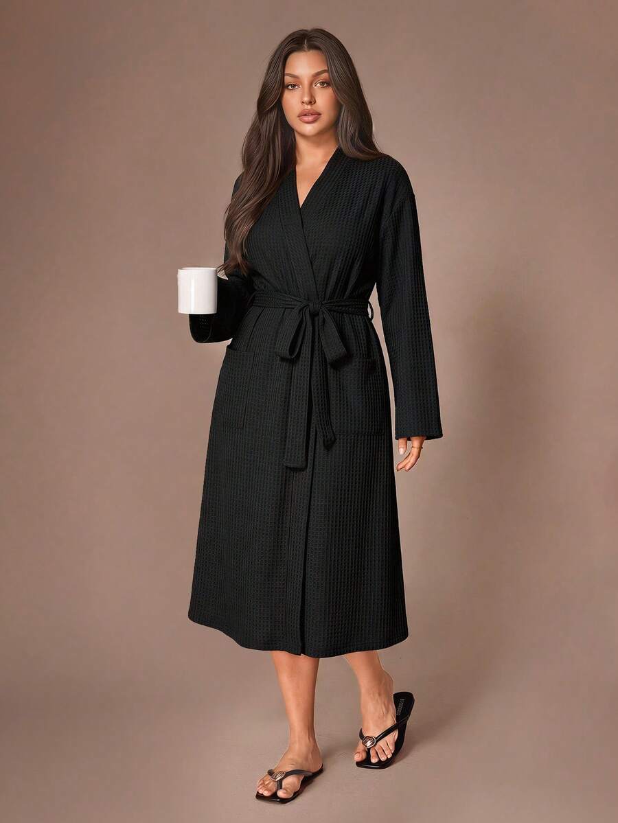 Lazeform Plus Double Pocket Drop Shoulder Waffle Knit Belted Robe, Cozy And Elegant, Fall & Winter Outfits - Black - View 1