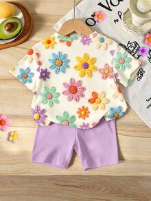 Summer Baby Girl Casual Multi-Piece Set, Brown & Apricot Leopard Print Cartoon Rabbit Pattern, Round Neck Short Sleeve T-Shirt & Shorts - Multicolor - View 2
