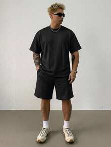 DAZY Summer Solid Black Regular Fit Men's T-Shirt Set - Black - View 6