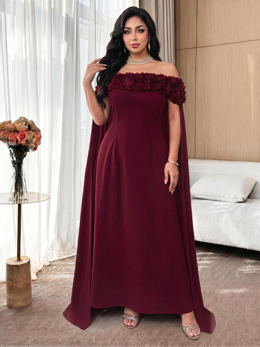 Modelyn Plus Size Women Off Shoulder Floral Decor Elegant Formal Elegant Waist Cinched Party Formal Dinner Formal Formal Evening Wedding Dress Burgundy Summer - Burgundy - View 1