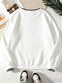 Flirla 大尺碼女款刺繡圓領保暖內裡休閒運動衫，秋冬適用 - 白色 - 查看 2
