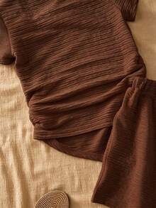 SHEIN Girls Back To School Brown T-Shirt Set Teen (Girl) Designer Asymmetrical Soft Cotton Round Neck - Brown - View 6
