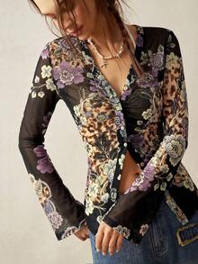 Bohemela Plus Size Women's Elegant Vintage Leopard & Floral Print Front Button Sheer Blouse Fall - Multicolor - View 5