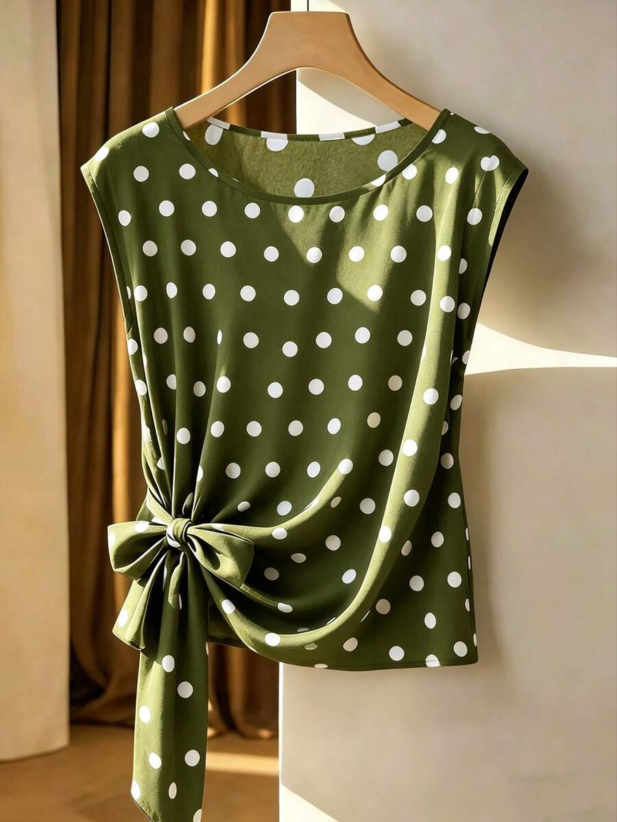 SHEIN Franclia 女士休闲圆领波点下摆蝴蝶结衬衫,优雅日常穿着,春夏款 - 軍綠色 - 查看 1