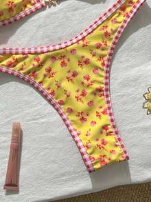 Swim Mod Ensemble de bikini triangle sans armature à imprimé numérique et string, ensemble de bikini de plage pour femmes pour le printemps/été - Jaune citron - Voir 7