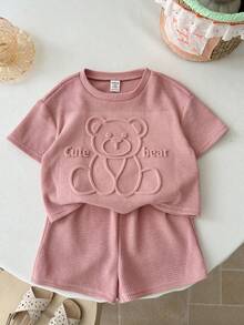 SHEIN Setelan 2 Potong untuk Bayi Perempuan, Motif Kartun 3D Kasual Lucu Warna Pink, Atasan Lengan Pendek Timbul dan Celana Pendek Pinggang Elastis - Dusty Pink - View 7