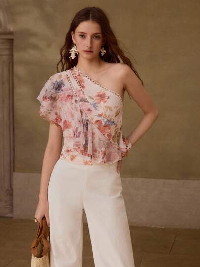 MOTF PREMIUM SPRING/SUMMER WOMEN'S ONE-SHOULDER MESH PRINTED RUFFLE DESIGN FLOWY ETHEREAL TOP