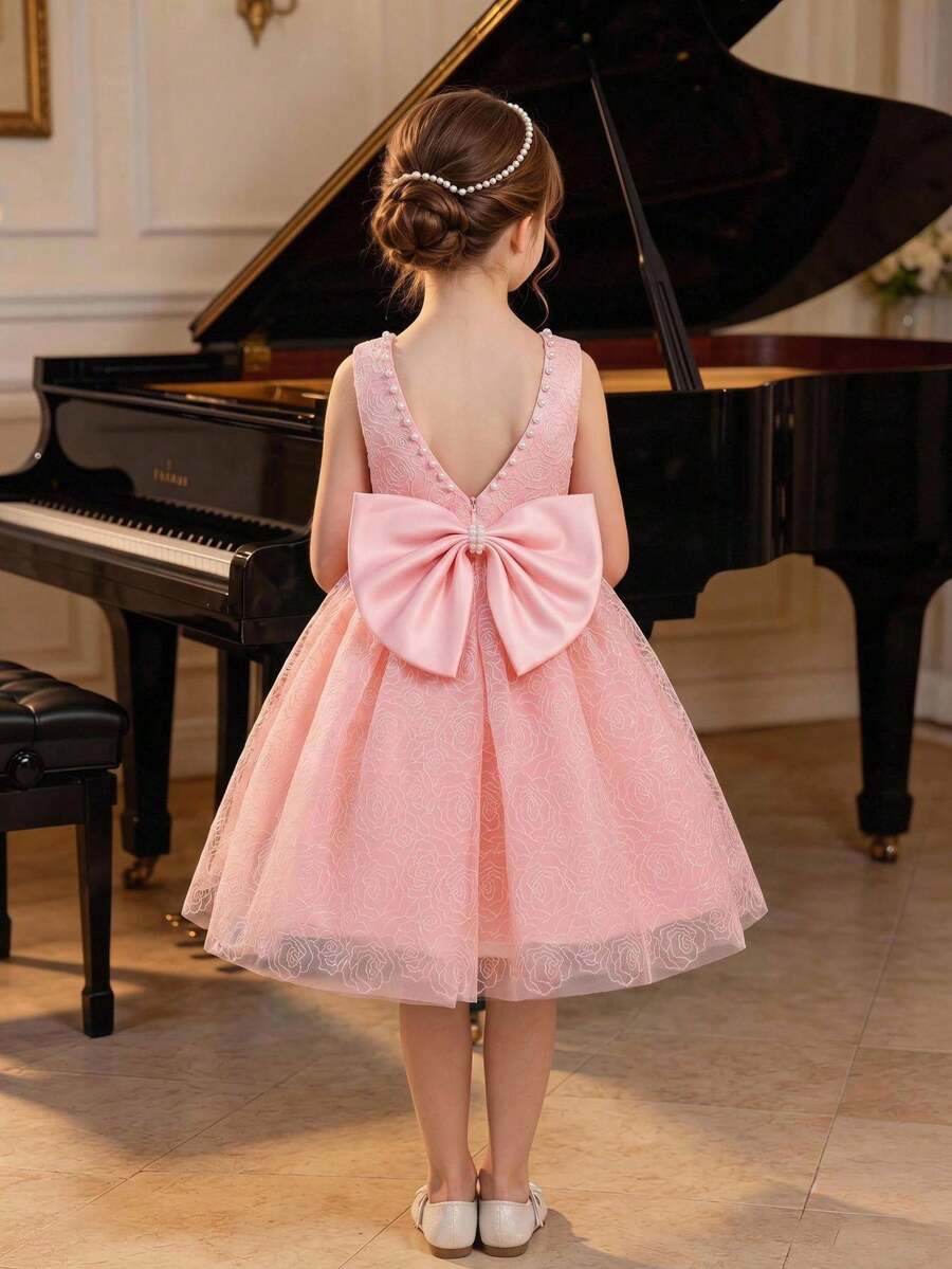 SHEIN Glamorique Kids Glamorique 女童粉色無袖珍珠蝴蝶結深V露背花卉刺繡薄紗芭蕾舞裙婚紗禮服 - 粉色 - 查看 1