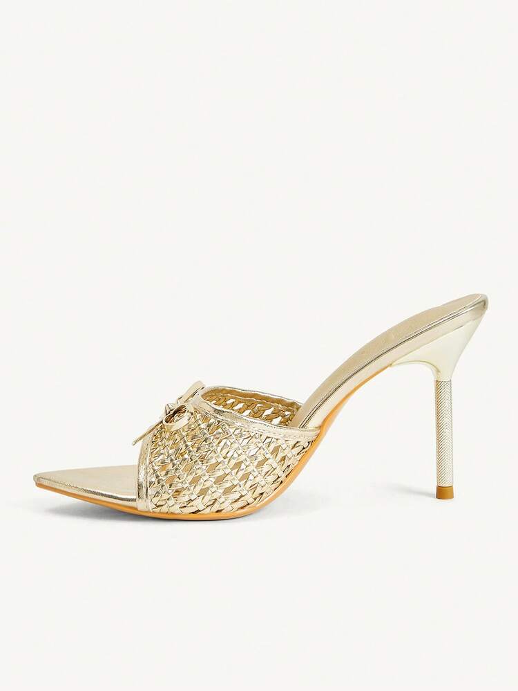 CUCCOO CHICEST Light Gold Woven Mesh Bow Pointed Muller High Heel Sandals, Banquet Wedding Shoes