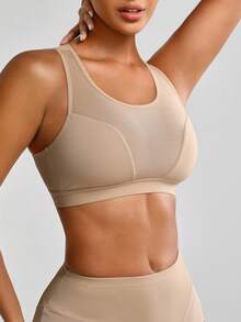 SHAPORA Top moldeador de malla transparente con contraste para mujer - Caqui - Ver 10