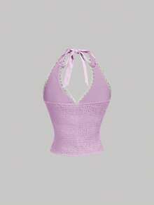 SHEIN MOD 女款對比蕾絲時尚掛脖上衣 - 紫色 - View 4