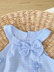 SHEIN Playful Pals 女嬰女童套裝 6個月-3歲 2件/套 夏季優雅華麗女童休閒日常風格寬鬆套裝，無袖荷葉邊花朵印花上衣與花朵印花短褲 - 藍色 - 查看 5