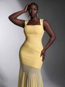 Elitara Gaun Bridesmaid Transparan Ukuran Plus Elegan Romantis Warna Kuning dengan Leher Persegi dan Bahan Jala Elastis Tinggi, Model Bodycon dan Hem Ekor Ikan - Kuning - View 2
