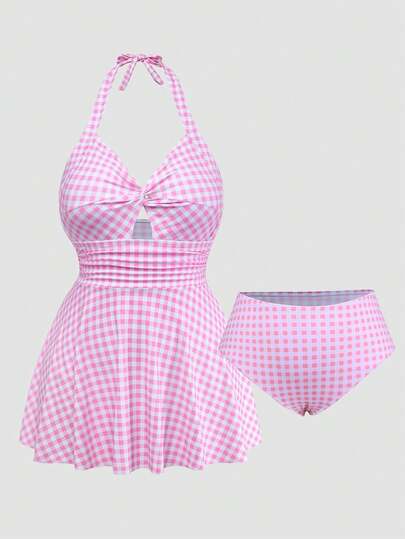 Sweetra Đầm bơi nữ size lớn 2026 mới họa tiết kẻ caro ngọt ngào, cổ yếm thắt nút, kèm quần bơi ngắn