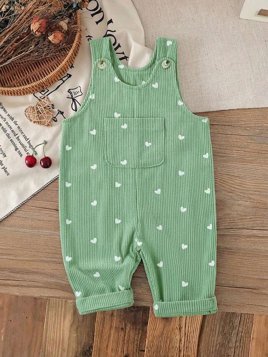 SHEIN 女嬰幼兒 0-3 歲 春/秋 心形印花 綠色燈芯絨吊帶褲套裝 胸前口袋 休閒可愛 拍照穿搭