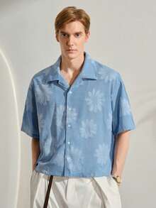 VeloEdit Blue New Spring/Summer Jacquard Floral & White Casual Vacation Party Short Sleeve Shirt Light Graphic Men Vintage Baby Hawaiian Old Money Style GiftFall Winter - Blue - View 4