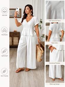 Weeklong Women's Plus Size White Summer Smart Casual Outfit,V-Neck Short Sleeve Fitted Top & Loose Pocket Lined Pants Everyday Comfortable Casual Wear Set - White - View 1