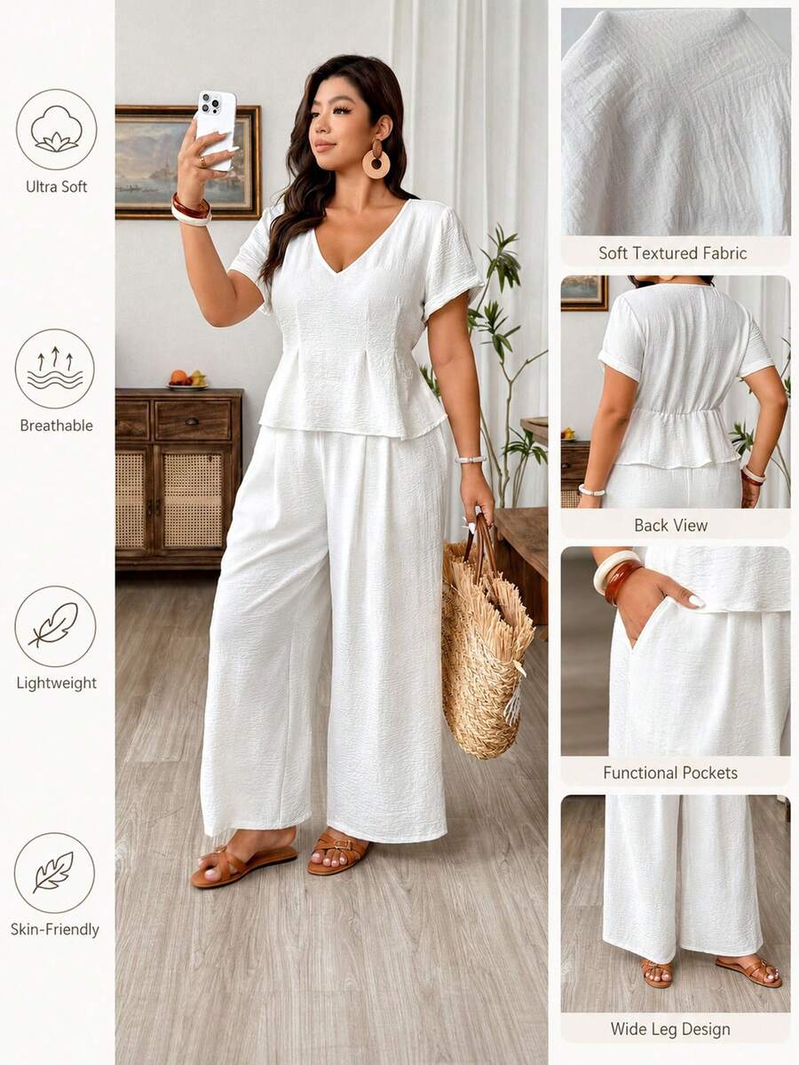 Weeklong Women's Plus Size White Summer Smart Casual Outfit,V-Neck Short Sleeve Fitted Top & Loose Pocket Lined Pants Everyday Comfortable Casual Wear Set - White - View 1