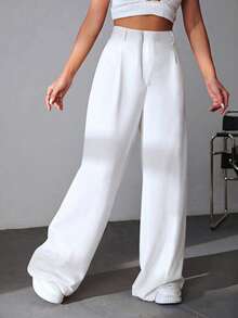 SHEIN EZwear 100%纯棉高腰阔腿裤，百搭休闲，适合大学、休闲、派对、音乐节、毕业典礼、返校、度假和办公等场合。 - 白色 - 查看 3