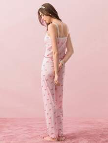 Bonmuse 2pcs Women's Pajama Set, Striped & Bow Contrast Lace Trim Camisole And Split Hem Pants, Lace Sleepwear, Cute Pajamas, Bow Pajamas, Women Summer Outfit - Multicolor - View 2