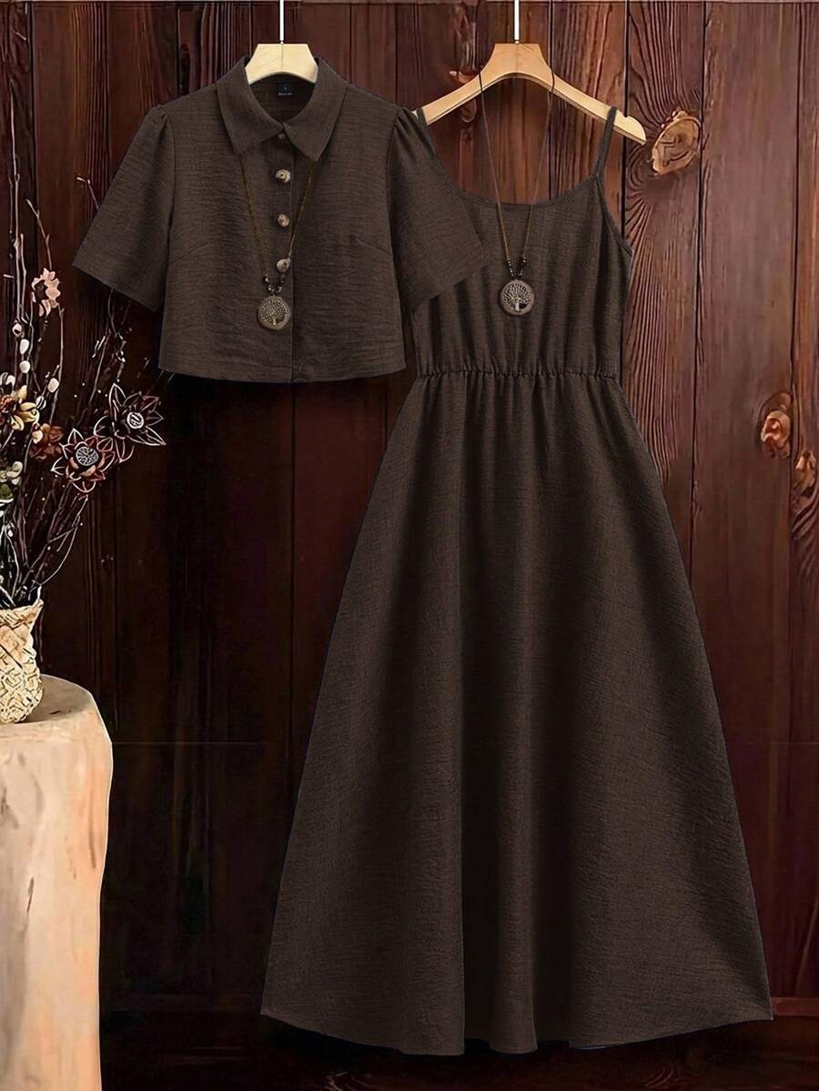 SHEIN Clasi 女款新款優雅丹寧效果襯衫 & 吊帶洋裝 2件套,適合通勤與多種場合 - 咖啡棕 - 查看 1