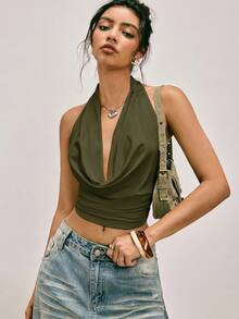 Easelle 春夏軍綠色針織女款西式音樂節露背掛脖上衣 - 軍綠色 - 查看 10