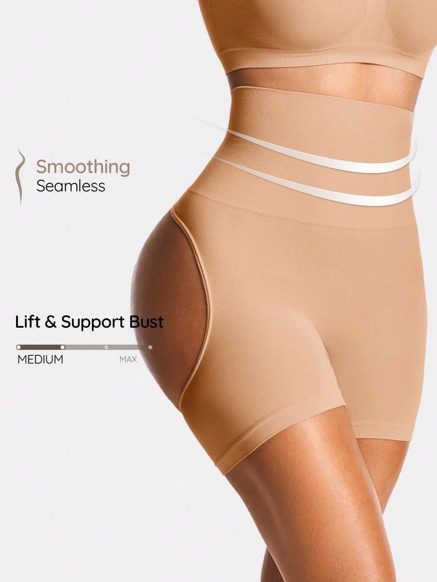 SHAPORA Faja reductora para mujer de cintura alta y unicolor que levanta y moldea el trasero - Beis - Ver 1