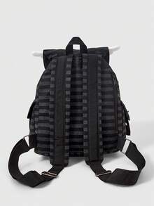 ROMWE Anime Mochila casual de moda con rayas de estilo universitario, gran capacidad y múltiples bolsillos, con colgante de gato y parche de cruz con alas, adecuada para ir al trabajo, la escuela y viajar - Cruz a rayas - Ver 3