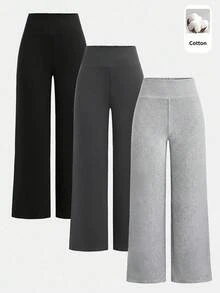 SHEIN Girlism 青少年女孩秋冬針織黑色深灰色淺灰色高腰寬腰帶緊身直筒寬腿長褲 百搭簡約舒適街頭風 3件套 加厚刷毛保暖內裡 - 彩色 - 查看 3