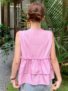 K-Vae Women's Sweet Pink And Red V-Neck Sleeveless Versatile Top With Double Layer Ruffle Vest Everyday Summer Frenchy - Pink - View 3