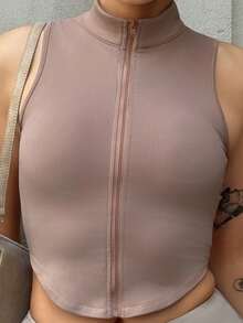 hollyjadebate Women's Sleeveless Solid Color Zipper Stand Collar Top, Simple And Fashionable, Suitable For Summer Sports - Grey - View 5