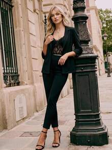 BizChic Solid Open Front Blazer & Trousers - Black - View 7