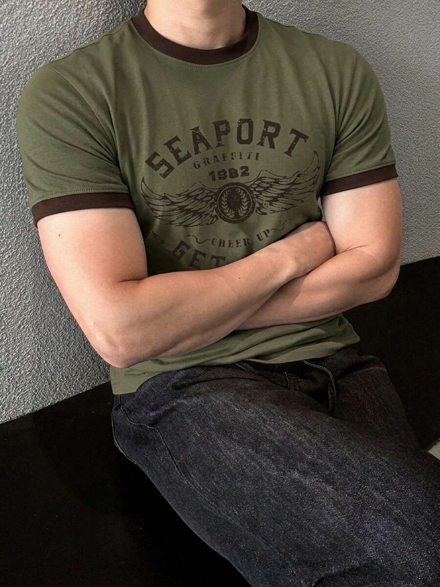 DAZY 男士夏季撞色領圓領字母印花修身版型T恤圖案短袖上衣 - 軍綠色 - 查看 1