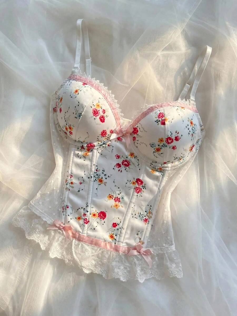 CovetEZ Floral Print Lace Patchwork Underwire Bow Decor Molded Cup Camisole Top - White - View 1