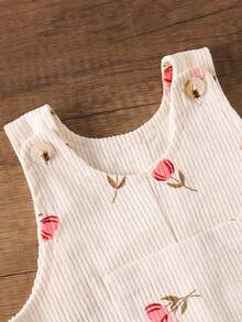 SHEIN Playful Pals 嬰幼兒男女童 0-3 歲夏季全身花卉灰粉色粉色花蕊印花時尚可愛日系燈芯絨吊帶褲套裝，胸前口袋 - 杏色 - 查看 5