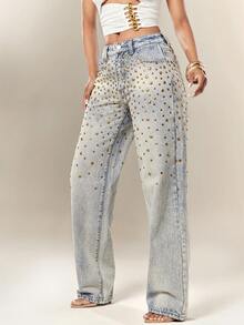 Denimoi Women's Rivet Decor Slant Pocket High Waist Casual Straight Leg Jeans - Medium Wash - View 5