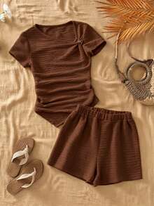 SHEIN Girls Back To School Brown T-Shirt Set Teen (Girl) Designer Asymmetrical Soft Cotton Round Neck - Brown - View 4