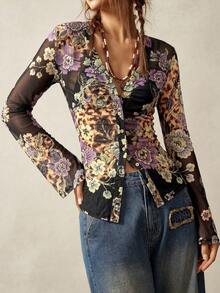 Bohemela Plus Size Women's Elegant Vintage Leopard & Floral Print Front Button Sheer Blouse Fall - Multicolor - View 8