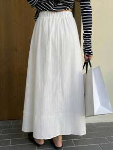 DAZY Women's Solid Color Elastic Waist Casual Versatile Daily Skirt - White - View 2