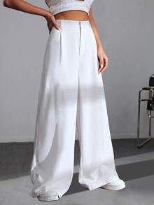 SHEIN EZwear 100%纯棉高腰阔腿裤，百搭休闲，适合大学、休闲、派对、音乐节、毕业典礼、返校、度假和办公等场合。 - 白色 - 查看 7