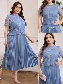 Reflora Abito da donna taglie forti con ricamo floreale plissettato casual per feste, abito estivo, abito per festival, abito da ospite di matrimonio, abito da laurea, abito da ballo elegante - Blu - Visualizzare 10