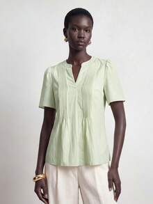 SHEIN Stylify Top Feminina 2026 Nova Verde Sálvia Primavera/Verão Estilo Chinês Decote em V Design Plissado Frontal Elegante Manga com Babados Top Solto Casual Férias Escritório - Verde - Visão 5