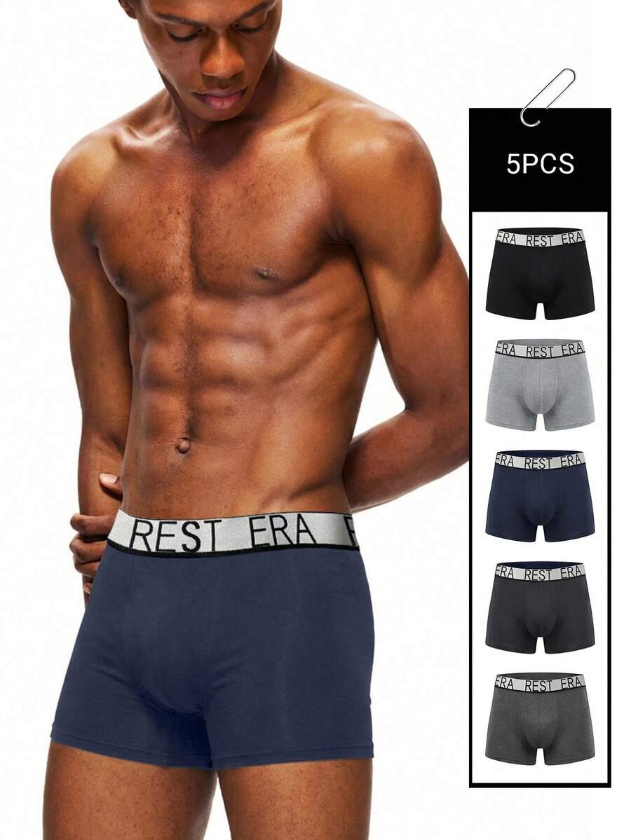 EasyFave 5pcs/Pack Men's Letter Print Boxer Briefs - Multicolor - View 1