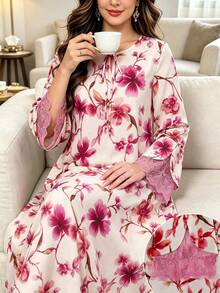 Yasmyna Round Neck Tie Dye Lace Patchwork Long Sleeve Loose Flowy Elegant Floral Print Dress For Women - Multicolor - View 4