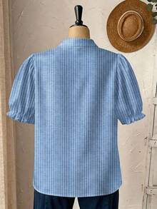 EMERY ROSE Plus Size Women's Striped Colorblock Notch V-Neck Casual Versatile Daily Outing Shirt - Multicolor - View 2