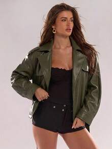 SHEIN BAE Damen einfarbige PU-Leder Langarm Modejacke - Grün - Übersicht 6