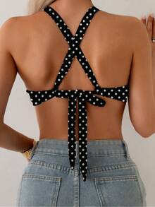 Swim Mod Women's Solid Color Back Cross Tie Minimalist Casual Bikini Top - Black and White - View 2
