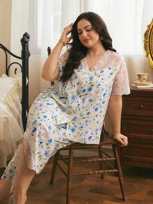 Côtesoire Elegant Romantic Floral Pattern Lace Hollow Out Plus Size Pajama Set - Multicolor - View 6