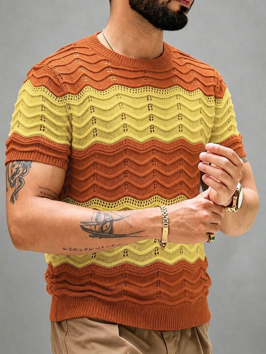 EGENSIO Men's Colorblock Crew Neck Short Sleeve Hollow Knit Top Golf Pastal Vintage - Burnt Orange - View 1